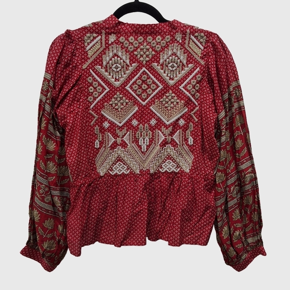 Anthropologie~Keira~Embroidered Red~ Peplum Blouse~Bohemian Boho~Hippie~ US2 UK6 - Picture 6 of 11
